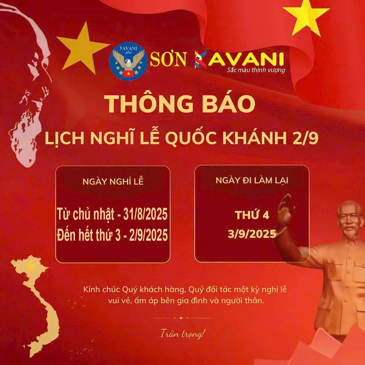 THÔNG BÁO NGHỈ LỄ QUỐC KHÁNH 2/9 NĂM 2025